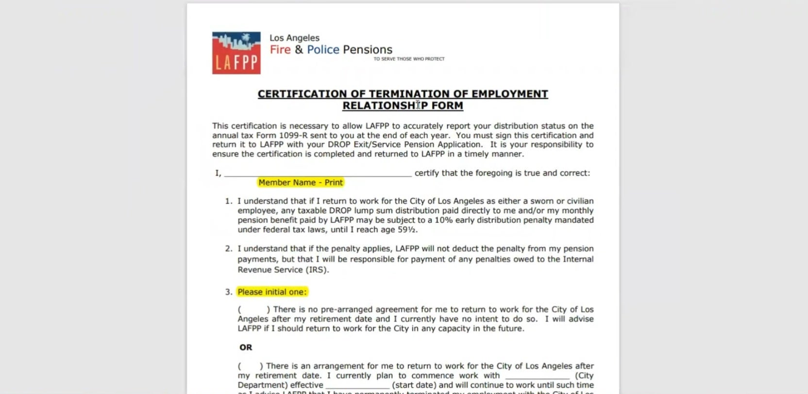 Certification of Termination of Employment