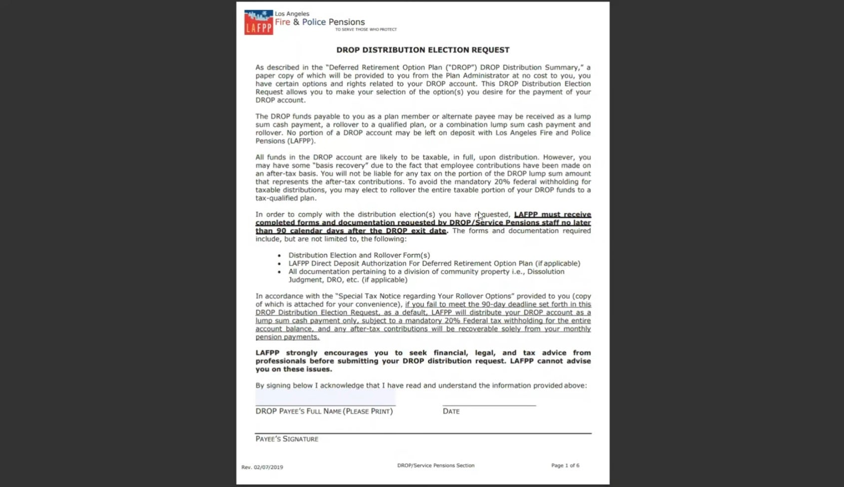 DROP Distribution Election Request