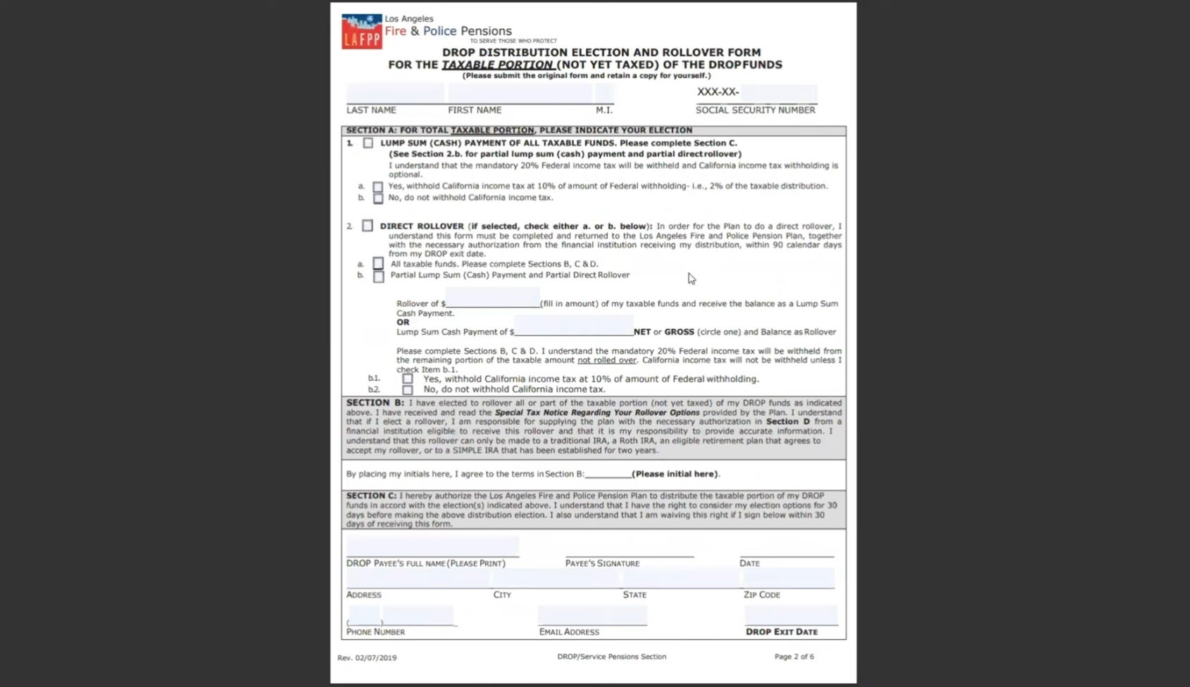 DROP Distribution Election – Taxable Portion