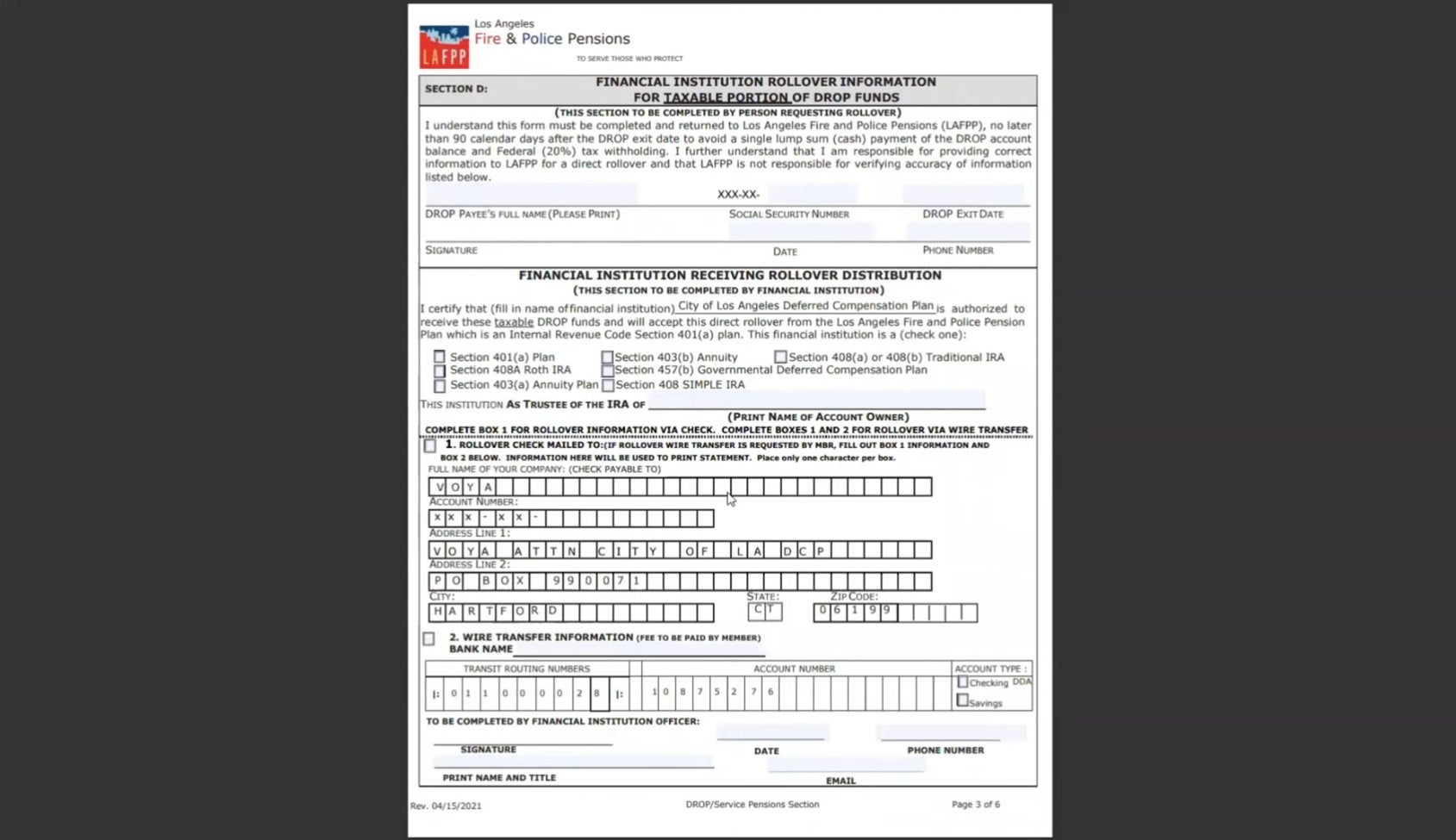 Financial Institution Rollover Info – Taxable Portion